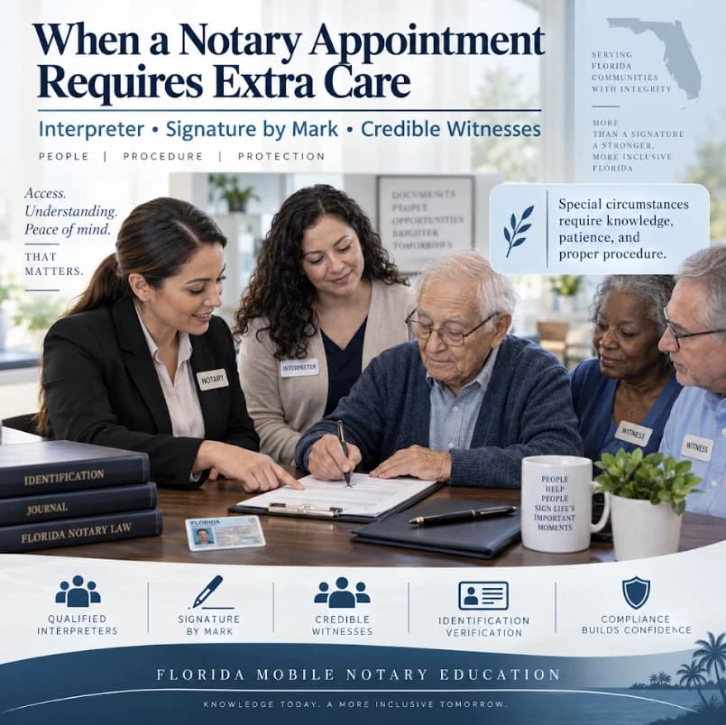 Florida Mobile Notary Education graphic: When a Notary Appointment Requires Extra Care — Interpreter, Signature by Mark, Credible Witnesses